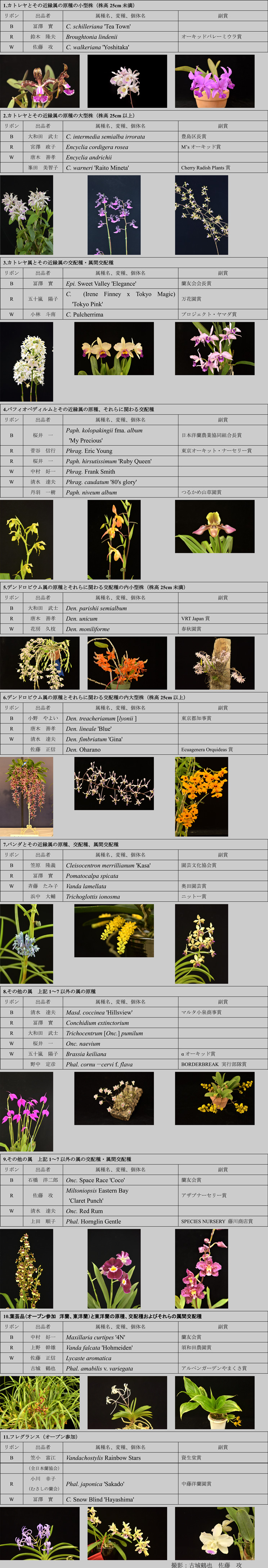 第59回蘭友会らん展入賞者一覧と副賞　　　　　（副賞は一人一賞）
1.カトレヤとその近縁属の原種の小型株（株高25cm未満）　
リボン	出品者	属種名、変種、個体名	副賞
B	冨澤　實	C. schilleriana 'Tea Town'	　
R	鈴木　隆夫	Broughtonia lindenii 	オーキッドバレーミウラ賞
W	佐藤　攻	C. walkeriana 'Yoshitaka'	　
     
2.カトレヤとその近縁属の原種の大型株（株高25cm以上）
リボン	出品者	属種名、変種、個体名	副賞
B	大和田　武士	C. intermedia semialba irrorata	豊島区長賞
R	宮澤　政子	Encyclia cordigera rosea	M’sオーキッド賞
W	唐木　善孝	Encyclia andrichii	　
　	峯田　美智子	C. warneri 'Raito Mineta'	Cherry Radish Plants賞
     
3.カトレヤ属とその近縁属の交配種・属間交配種
リボン	出品者	属種名、変種、個体名	副賞
B	冨澤　實	Epi. Sweet Valley 'Elegance'	蘭友会会長賞
R	五十嵐　陽子	C.  (Irene Finney x Tokyo Magic)  'Tokyo Pink'	万花園賞
W	小林　斗南	C. Pulcherrima	プロジェクト・ヤマダ賞
     
4.パフィオペディルムとその近縁属の原種、それらに関わる交配種
リボン	出品者	属種名、変種、個体名	副賞
B	桜井　一	Paph. kolopakingii fma. album
 'My Precious'	日本洋蘭農業協同組合長賞
R	菅谷　信行	Phrag. Eric Young	東京オーキット・ナーセリー賞
R	桜井　一	Paph. hirsutissimum 'Ruby Queen'	　
W	中村　好一	Phrag. Frank Smith	　
W	清水　達夫	Phrag. caudatum '80's glory'	　
　	丹羽　一樹	Paph. niveum album	つるかめ山草園賞
     
5.デンドロビウム属の原種とそれらに関わる交配種の内小型株（株高25cm未満）
リボン	出品者	属種名、変種、個体名	副賞
B	大和田　武士	Den. parishii semialbum	
R	唐木　善孝	Den. unicum	VRT Japan賞
W	花房　久枝	Den. moniliforme	春秋園賞
     
6.デンドロビウム属の原種とそれらに関わる交配種の内大型株（株高25cm以上）
リボン	出品者	属種名、変種、個体名	副賞
B	小野　やよい	Den. treacherianum [lyonii ]	東京都知事賞
R	唐木　善孝	Den. lineale 'Blue'	　
W	清水　達夫	Den. fimbriatum 'Gina'	　
　	佐藤　正信	Den. Oharano	Ecuagenera Orquideas賞
     
7.バンダとその近縁属の原種、交配種、属間交配種
リボン	出品者	属種名、変種、個体名	副賞
B	笠原　隆義	Cleisocentron merrillianum 'Kasa'	園芸文化協会賞
R	冨澤　實	Pomatocalpa spicata	　
W	斉藤　たみ子	Vanda lamellata	奥田園芸賞
　	浜中　大輔	Trichoglottis ionosma	ニットー賞
     
8.その他の属　上記1～7以外の属の原種
リボン	出品者	属種名、変種、個体名	副賞
B	清水　達夫	Masd. coccinea 'Hillsview'	マルタ小泉商事賞
R	冨澤　實	Conchidium extinctorium	　
R	大和田　武士	Trichocentrum [Onc.] pumilum	　
W	桜井　一	Onc. naevium	　
W	五十嵐　陽子	Brassia keiliana	αオーキッド賞
　	野中　定彦	Phal. cornu－cervi f. flava	BORDERBREAK 実行部隊賞
     
9.その他の属　上記1～7以外の属の交配種・属間交配種　
リボン	出品者	属種名、変種、個体名	副賞
B	石橋　洋二郎	Onc. Space Race 'Coco'	蘭友会賞
R	佐藤　攻	Miltoniopsis Eastern Bay
 'Claret Punch'	アザブナーセリー賞
W	清水　達夫	Onc. Red Rum	　
　	上田　順子	Phal. Hornglin Gentle	SPECIES NURSERY 藤川商店賞
     
10.葉芸品（オープン参加　洋蘭、東洋蘭）と東洋蘭の原種、交配種およびそれらの属間交配種
リボン	出品者	属種名、変種、個体名	副賞
B	中村　好一	Maxillaria curtipes '4N'	蘭友会賞
R	上野　幹雄	Vanda falcata 'Hohmeiden'	須和田農園賞
W	佐藤　正信	Lycaste aromatica	　
　	古城　鶴也	Phal. amabilis v. variegata	アルペンガーデンやまくさ賞
     
11.フレグランス（オープン参加）
リボン	出品者	属種名、変種、個体名	副賞
B	笠小　富江
（全日本蘭協会）	Vandachostylis Rainbow Stars	資生堂賞
R	小川　幸子
（むさしの蘭会）	Phal. japonica 'Sakado'	中藤洋蘭園賞
W	冨澤　實	C. Snow Blind 'Hayashima'	　
     
撮影：古城鶴也　佐藤　攻
